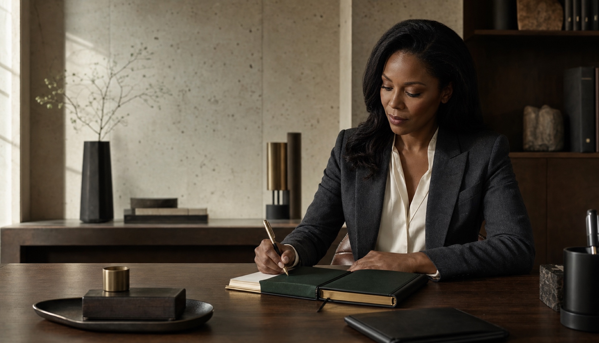 Black woman founder thoughtfully writing in a green operating journal in a refined private study