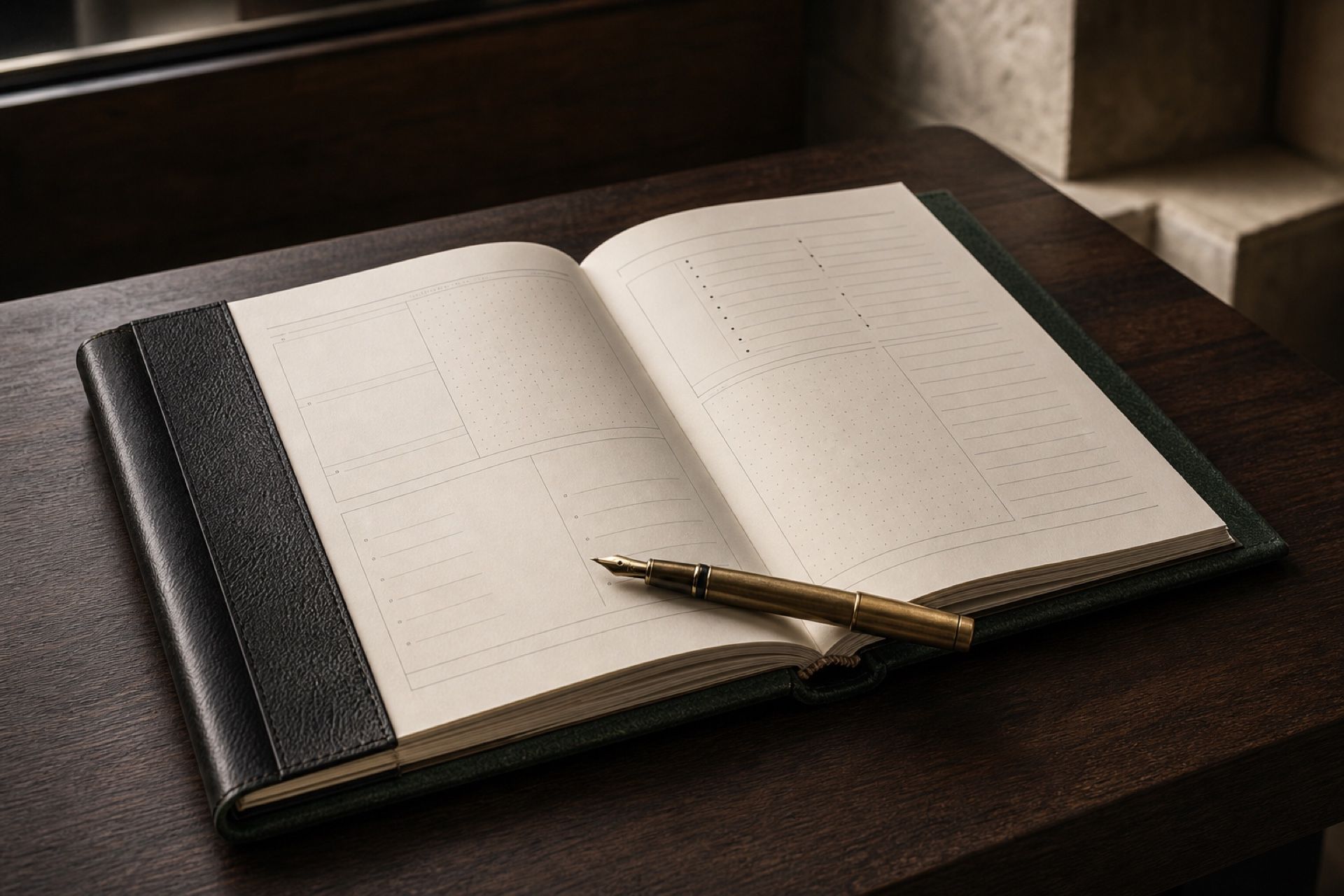 Open Founder Operating Journal showing structured planning pages on a walnut desk