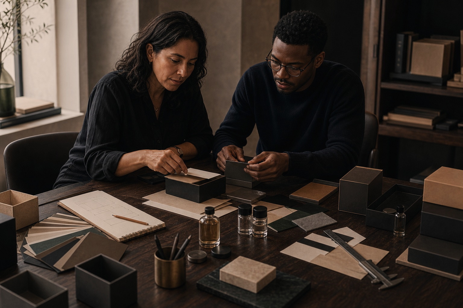 Illustrative product-development session with a Latina product lead and a Black designer reviewing unbranded packaging prototypes