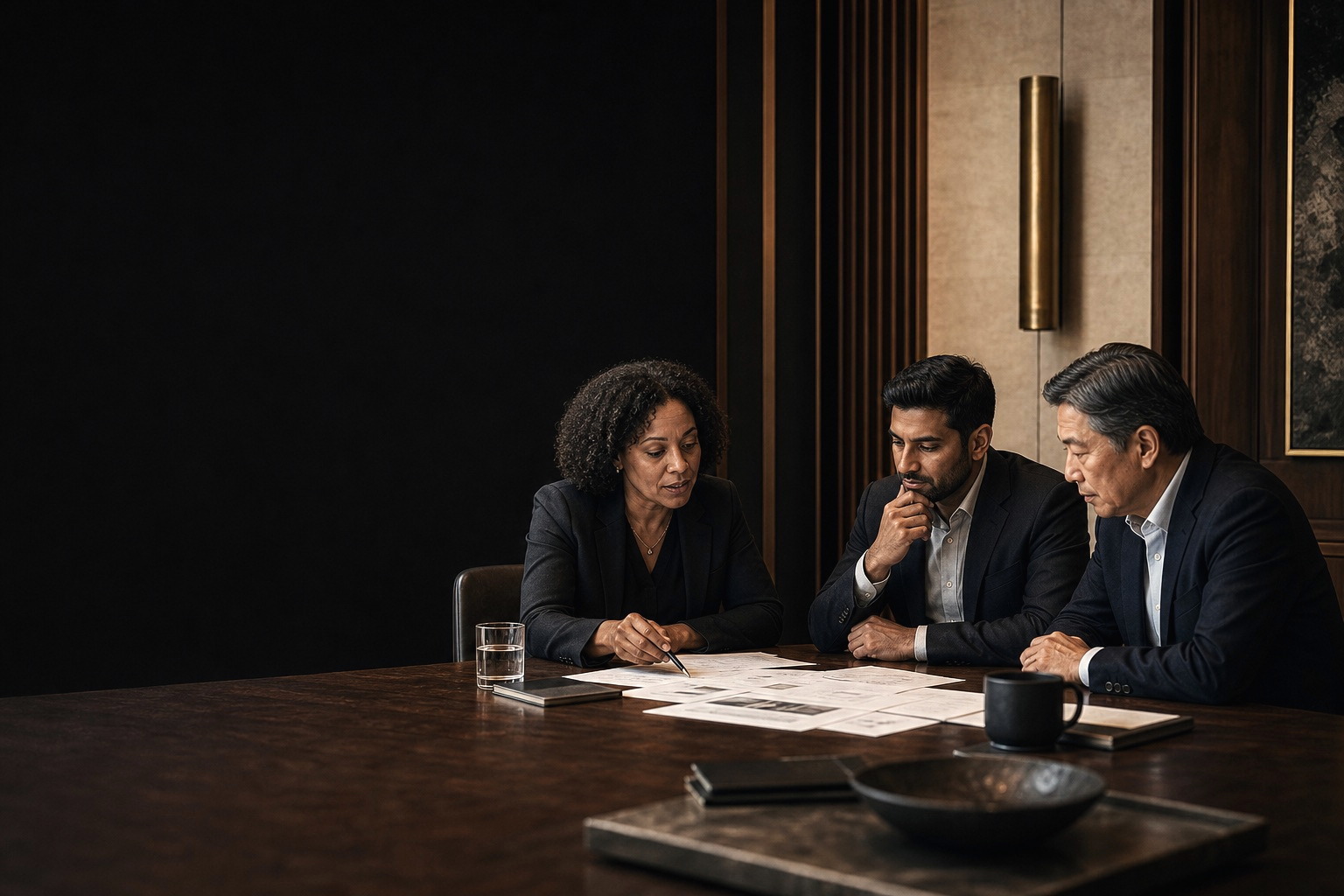 Illustrative leadership working session — a diverse founding team reviewing plans across a table