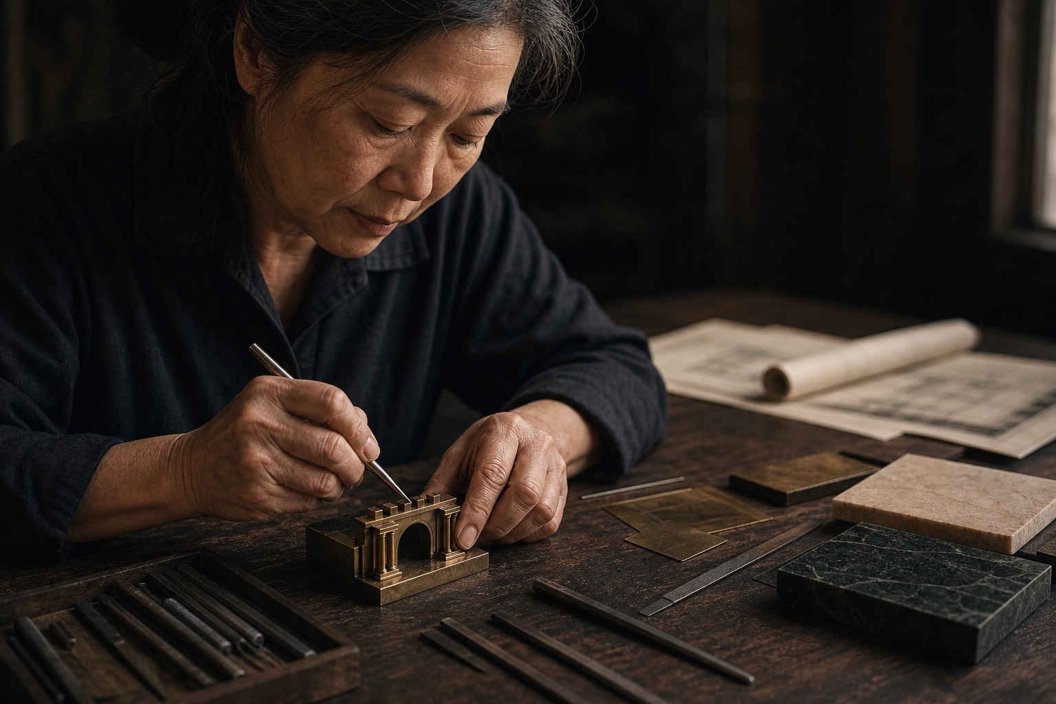Illustrative older East Asian woman craftsperson shaping a precise brass architectural component at a workbench