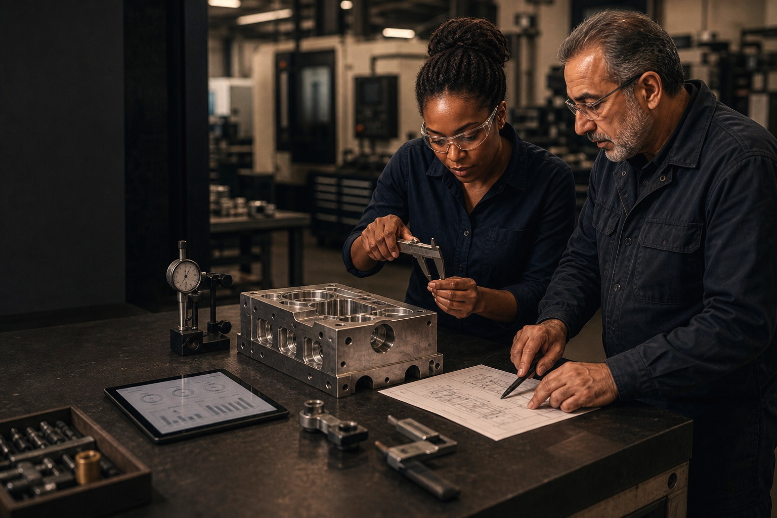 Illustrative quality review with a Black woman engineer and a Middle Eastern senior technician inspecting a precision component