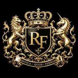 Regal Forte crest — a gold royal achievement on black: crown, rampant lion and unicorn flanking an RF shield, over a banner reading Aedifica Quod Permanet, Latin for build what endures